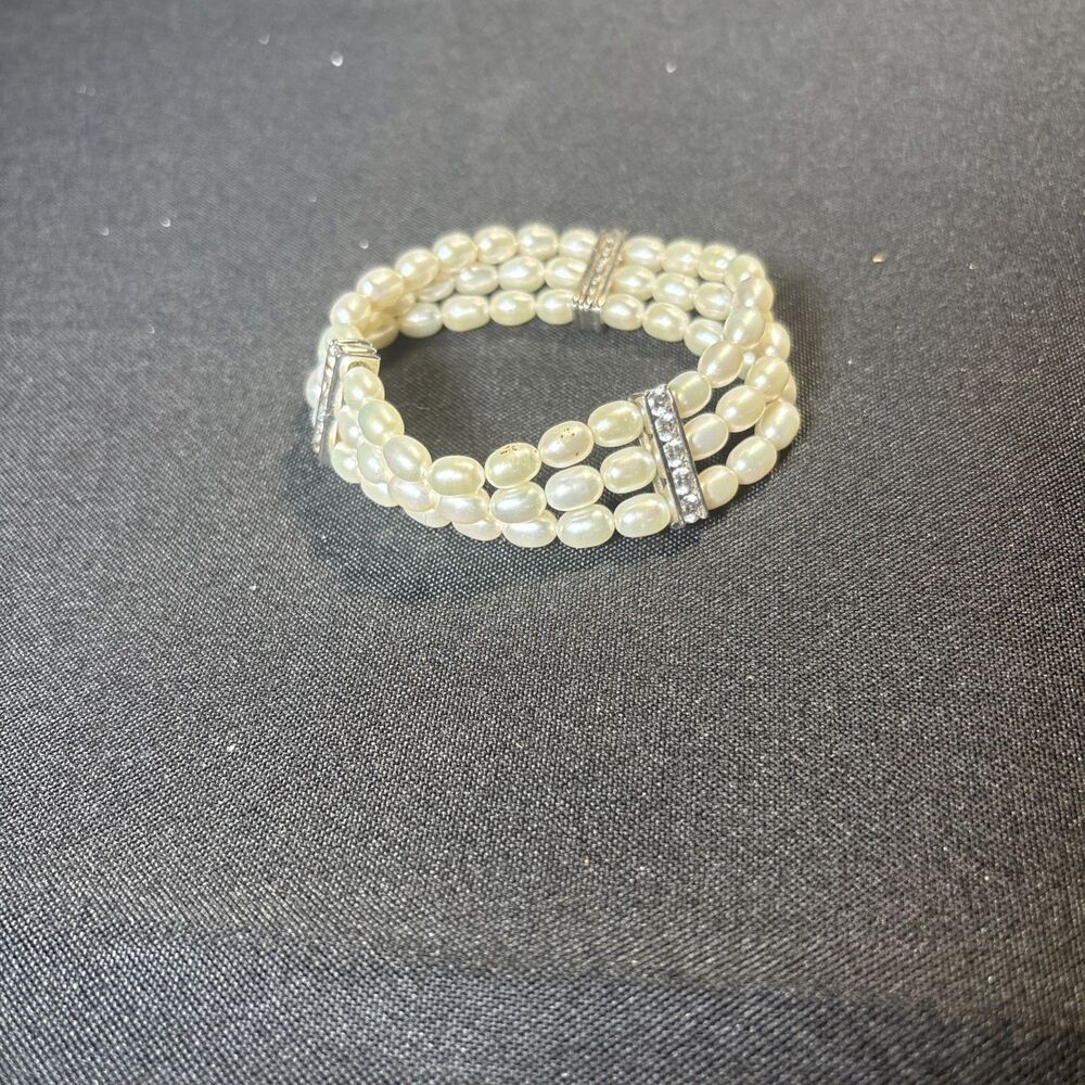 Three strand pearl and rhinestone bracelet costume jewelry